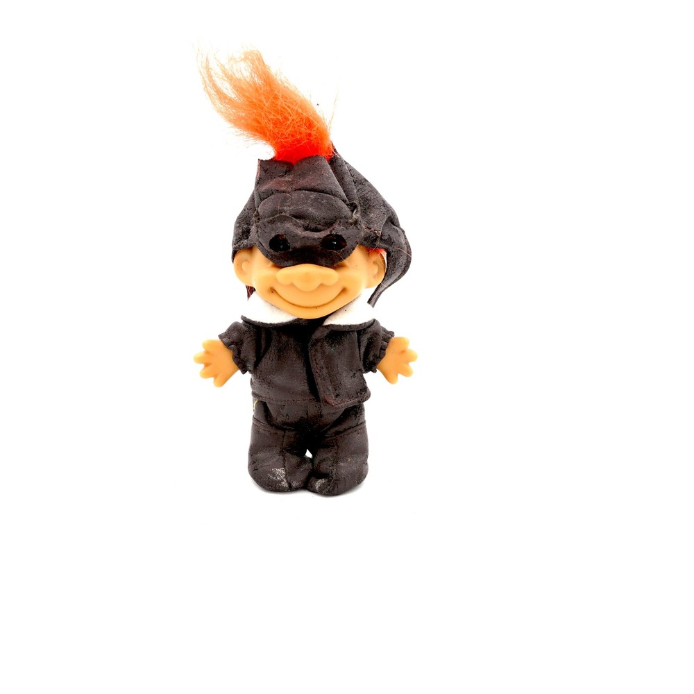Vintage Russ Berrie Aviator Pilot Troll Doll - Black Leather Suit Orange Hair 5"
